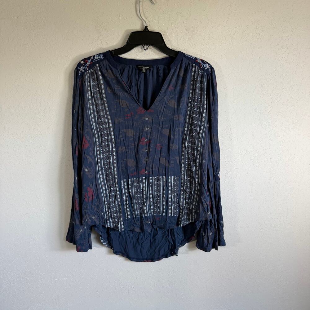 Lucky Brand Navy White Red Emboirdered Tunic Blouse Long Bell Sleeves Womesn S
